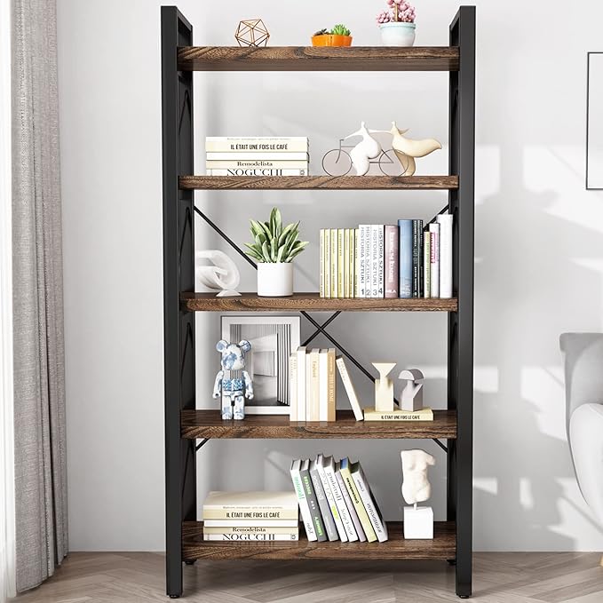 5 Tier Bookshelf Rustic Solid Wood Industrial Style Bookcase,Metal and Real Wood Vintage Bookshelf,Book Shelves Home Office, Retro Brown,Dark Matching credenza(LZ01-05tier) (5Tiers)