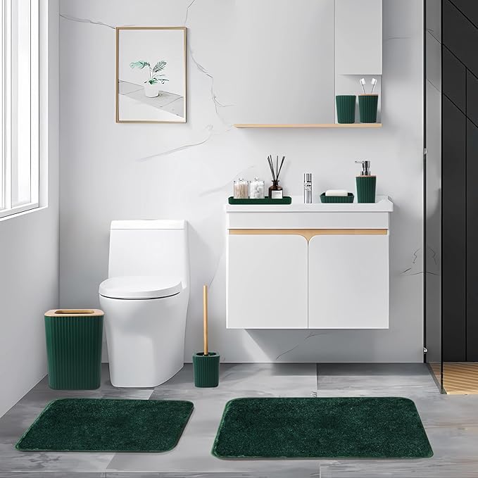 Dark Green Bathroom Accessories Set with Ombre Shower Curtain and Bathroom Rugs,Bathroom Sets with Trash Can,Toothbrush Holder and Cup,Soap Dispenser,Tray,Soap Dish,Toilet Brush,Qtip Holders
