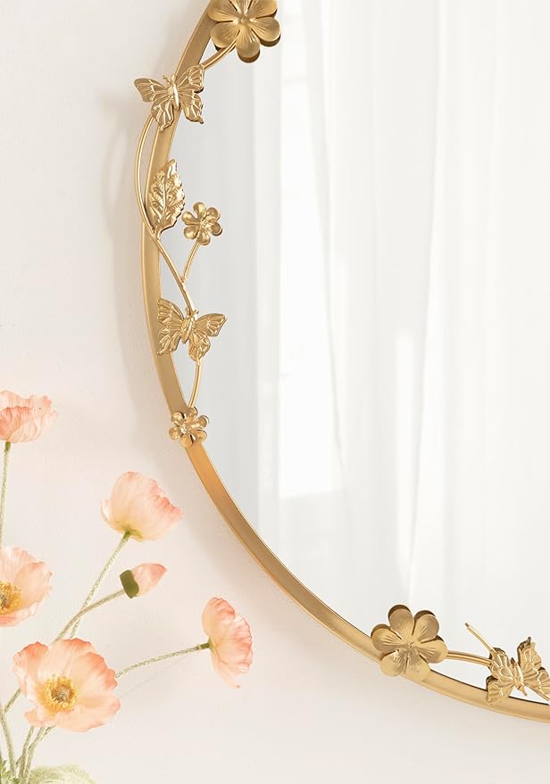 Kate and Laurel Rosella Modern Ornate Round Wall Mirror, 26 Inch Diameter, Gold, Circle Mirror with Floral Detailing for Use as Bathroom Mirror for Over Sink or Cute Nursery Mirror Decor