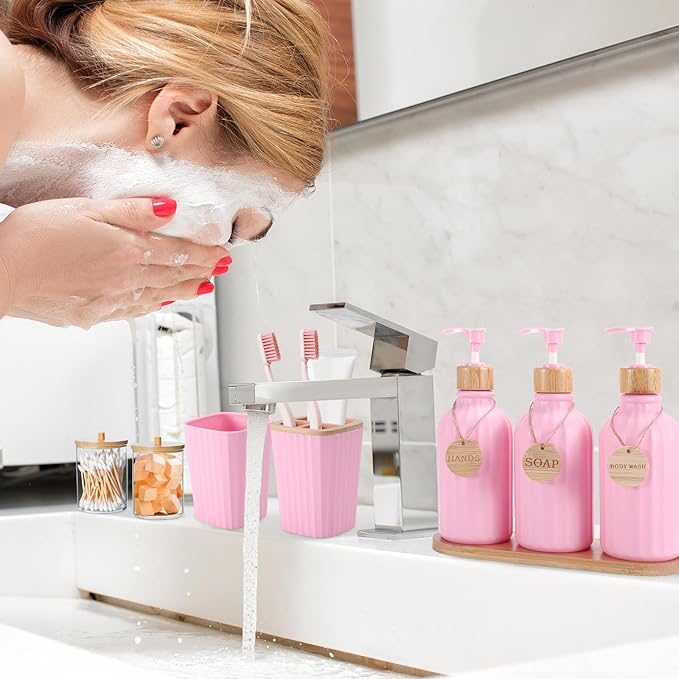 Pink Bathroom Accessories Set 17PCS Bathroom Set with Trash Can 3PCS Lotion Soap Dispenser, Toothbrush Holder, Soap Dish,Tumbler Cup,6PCS Wood Tags Bath Accessories with Tray for Kitchen Bathroom