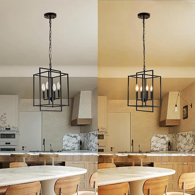 4-Light Vintage Black Chandelier, Foyer Lighting Fixtures Farmhouse Chandeliers for Dining Room, Modern Industrial Lantern Pendant Light for Kitchen Island Entryway Stairway