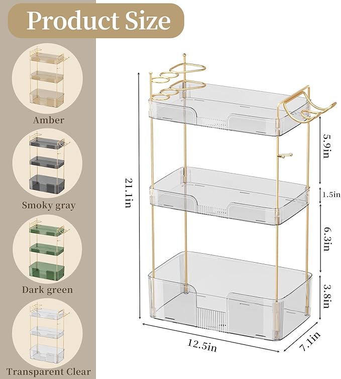 Bathroom Counter Organizer with Hair Dryer Holder, Hair Tool Countertop Storage, Cosmetics Skincare Shelf Organizer, Makeup Organizer Perfume for Dresser Vanity Tray(3 Tier-White)