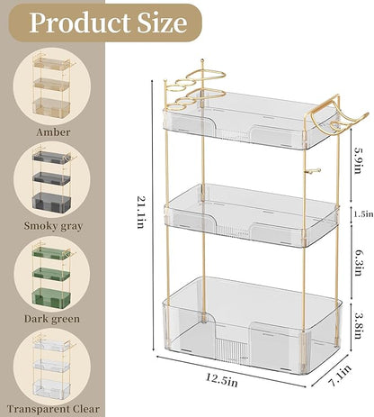 Bathroom Counter Organizer with Hair Dryer Holder, Hair Tool Countertop Storage, Cosmetics Skincare Shelf Organizer, Makeup Organizer Perfume for Dresser Vanity Tray(3 Tier-White)