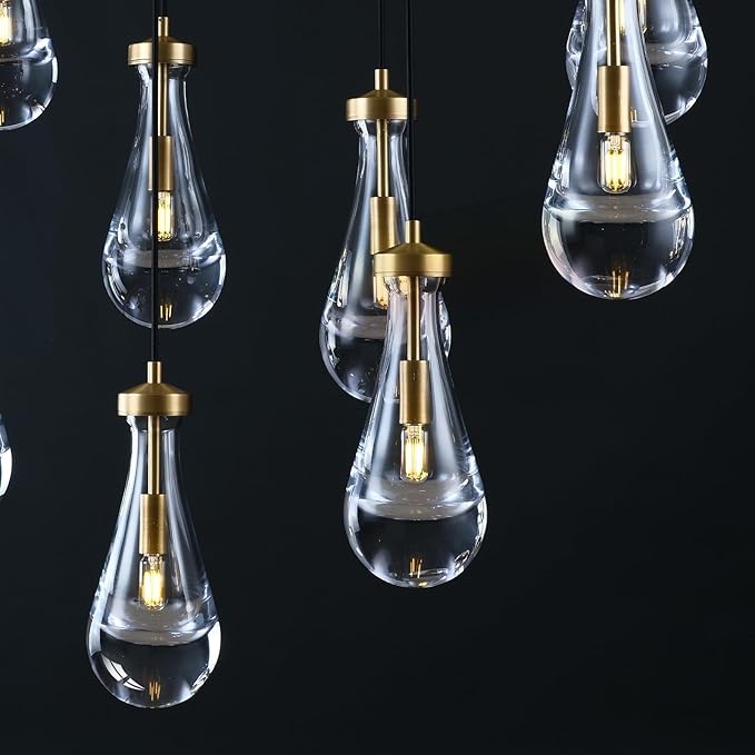 Raindrop 9-Light Chandeliers for Dining Room Gold Dining Room Lights Fixture Over Table, Brass Pendant Lights Kitchen Island, Adjustable Rope Teardrop Hanging Lamp Ceiling for Living Room