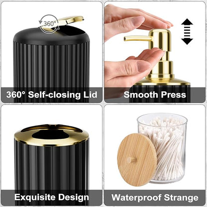 Black Bathroom Accessories Set - 26PCS Black Bathroom Set with Shower Curtain, Rugs, Shower Curtain, Trash Can, Toilet Brush, Soap Dispenser and Toothbrush Set