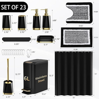 Bathroom Accessories Set - 23 PC Bathroom Sets with Shower Curtain and Rugs, Black Bathroom Set, Luxurious Stainless Steel Bathroom Trash Can, Toilet Brush & Soap Dish