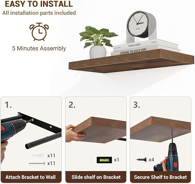 36 Inch Floating Shelves, 36"x9.25"x1.5" Inch Deep Floating Shelves for Wall, Wooden Shelves for Bathroom, Bedroom, Living Room, Brown, 2 Pieces