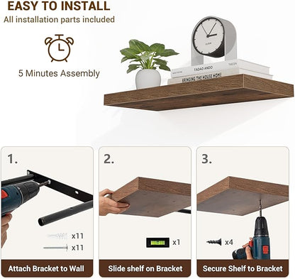 24 Inch Floating Shelves, 24"x9.25"x1.5" Inch Deep Floating Shelves for Wall, Wooden Shelves for Bathroom, Bedroom, Living Room, Brown, 2 Pieces