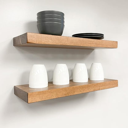 URBANDI, Rustic Floating Shelves, Set of 2, Hidden Bracket, Solid Wood, Heavy Duty, Wall Mounted Shelves, (Brown, 24Wx10D)