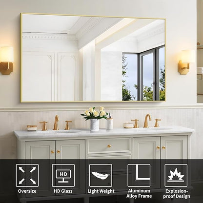 30x55In Gold Bathroom Mirror for Wall, Brushed Gold Rectangle Mirrors with Metal Frame, Bathroom Rectangular Mirror Modern Wall Mirror for Bedroom Living Room, Hangs Horizontal or Vertical