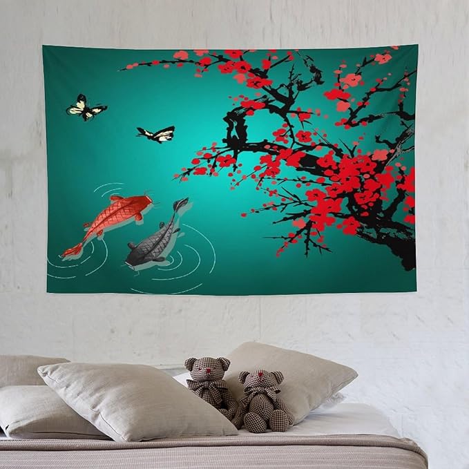 Houselerax Japanese Koi Fish Tapestry, Cherry Blossoms Asian Oriental Green Teal Floral Branch Koi Fish Carp Tapestries Wall Hanging for Bedroom Living Room Office Decor 60"x40"
