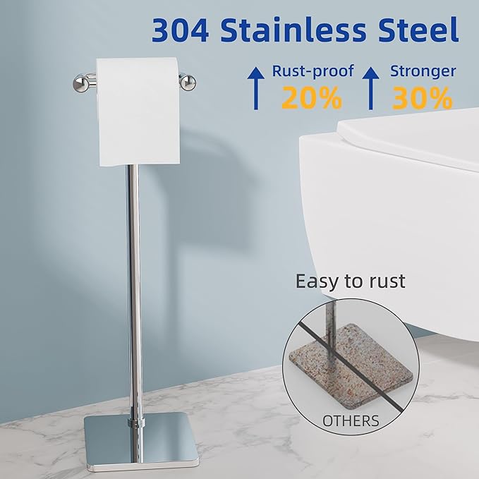 RUACQ Toilet Paper Holder Stand, Bathroom Toilet Paper Roll Holder Free Standing, Toilet Tissue Holder Stand with Post Pivoting Design, Stable Weighted Base, SUS304 Stainless Steel (Chrome)