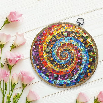 Colorful Glass Style Colorful Geometric Decoration Gift for Art Lovers Framed Round Wall Decor Canvas Wall Art Hanging Prints Artwork for Home Nursery Bedroom Living Room Decorations 10.2X10.2 Inch