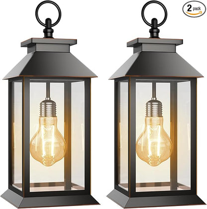 2 Pack Hanging Solar Lanterns Glass Solar Lights Outdoor Waterproof Upgraded Solar and 2 AA Batteries Powered, for Outside Porch, Patio and Indoor Tables, Mantelpiece