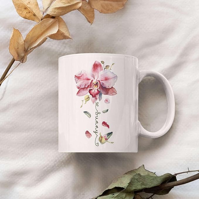 Novelty Coffee Cup With Orchid Design, Personalized Name Flower Accent Mug, Custom Orchid Flower Ceramic Cup 11oz 15oz, Customized Flower Lover Mug, Gift For Family Member