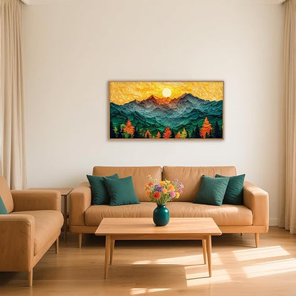 Abstract Sun Mountain Framed Canvas Wall Art Set, Forest Pine Tree Golden Sunset Wall Decor, Mixed Patchwork Landscape Art Print for Living Room, Bedroom, Dining Room, Office - 20"x40"