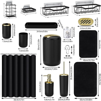 Black Bathroom Accessories Set with Shower Caddy-28PCS Black Bathroom Set with Shower Curtain, Rugs, Shower Curtain, Trash Can, Toilet Brush, Soap Dispenser and Toothbrush Set