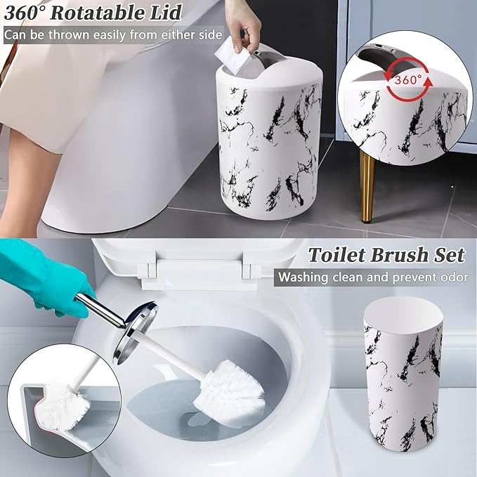White Marble Bathroom Accessories Set, White Bathroom Set with Trash Can, Vanity Tray, Soap Dispenser, Soap Dish, Toothbrush Holder, Toothbrush Cup, Toilet Brush and Qtip Holders for Bathroom