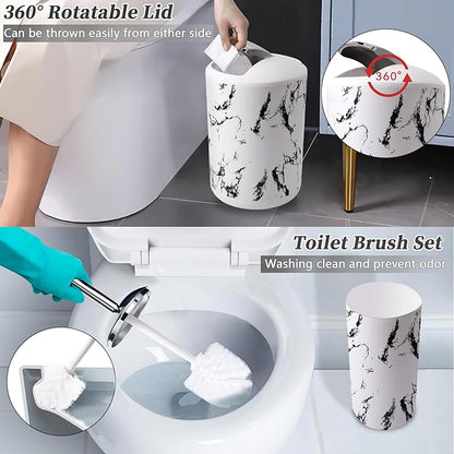 White Marble Bathroom Accessories Set, White Bathroom Set with Trash Can, Vanity Tray, Soap Dispenser, Soap Dish, Toothbrush Holder, Toothbrush Cup, Toilet Brush and Qtip Holders for Bathroom