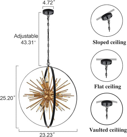 23.2'' Black Gold 12-Light Globe Sputnik Chandelier Modern Industrial Adjustable Hanging Ceiling Firework Pendant Light Fixture for Entryway Foyer Bedroom Dining Living Room Hallway