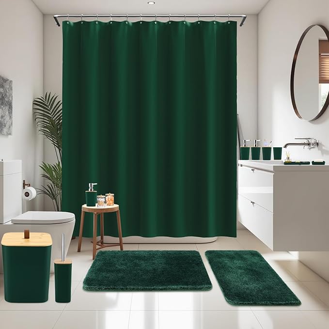 Bathroom Sets with Shower Curtain and Rugs, 27PCS Dark Green Bathroom Accessories Set with Trash Can, Green Shower Curtain Set, No Slip Super Absorbent Bathroom Rugs