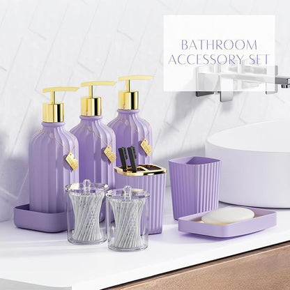 20PC Bathroom Accessory Set Bathroom Accessories Set Purple Bathroom Set, Shower Curtain Set, 2 Piece Bath Towel Set, 3PC Soap Dispenser, Toilet Brush & Trash Can