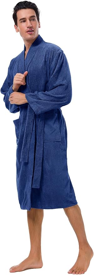 SIORO Mens Robe Terry Cloth Kimono Bathrobe Cotton Soft Shower Towel Bath Robes Calf Length Housecoat for Spa Hotel Hot Tub