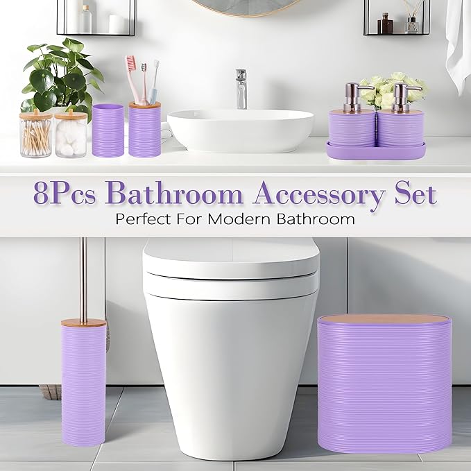 Purple Bathroom Set, 25 PCS Bathroom Accessories Set with Shower Curtains, Rugs, Trash Can, Toothbrush Holder, Soap Dispensers, Toothbrush Cup, Vanity Tray, Soap Dish, Toilet Brush, Qtip Holders
