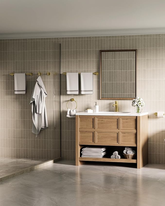 Brushed Gold Bathroom Accessories Set, SUS304 Stainless Steel 6 Pieces Bathroom Hardware Set, 16&26 Inch Bath Towel Bar Set, 2 Towel Hooks, Toilet Paper Holder, Towel Racks for Bathroom Wall Mounted