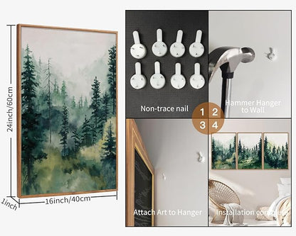 Tinonedraw Watercolor Forest Framed Canvas Wall Art Set, Modern Pine Tree Wall Painting, Nature Foggy Landscape Wall Decor, Misty Mountain Art Prints for Bedroom Living Room Farmhouse Office 16"x24"x3