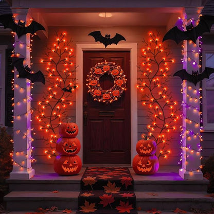 7 Ft Halloween Decorations Willow Vine Twig Garland with 8 Modes Timer 63 LED Orange Lights, Halloween Garland with Waterproof Battery Operated for Wall Fireplace Decorations Indoor Outdoor