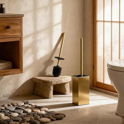 Toilet Brush and Holder Set, NEWRAIN Stainless Steel Toilet Brush with Long Brush Handle, Brushed Gold Toilet Scrubber and Covered Holder, Square Design Sturdy and Space Saving, Covered Brush