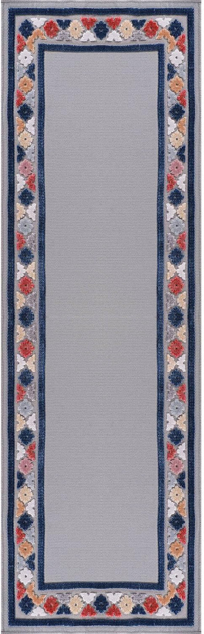 Beverly Rug Outdoor Runner Rug 2x7 Modern Floral Bordered Area Rugs for Indoor and Outdoor Patio Easy to Clean Non Shedding Living Room Porch Garden Washable Outside Carpet (2 x 7 Gray)