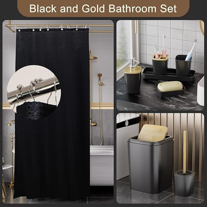 24PCS Bathroom Sets with Shower Curtain and Rugs,Black Bathroom Accessories Set Waterproof Black and White Shower Curtain Set, Toilet Brush, Trash Can & Bathroom Rug