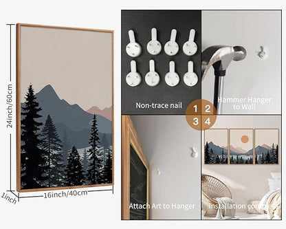 Tinonedraw Boho Mountain Framed Canvas Wall Art Set of 3, Watercolor Nature Landscape Art Prints, Modern Sunrise Art Paintings, Black Pines Tree Forest Wall Decor for Living Room Bedroom Office 16"x24"x3