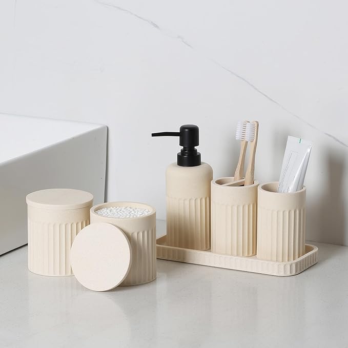 Bathroom Accessory Set - 6 Pieces Bathroom Accessories Set Complete with Soap Dispenser, Toothbrush Holders, Tumbler, Vanity Tray and 2 Qtip Holder for Home Organizer and Decor, Beige