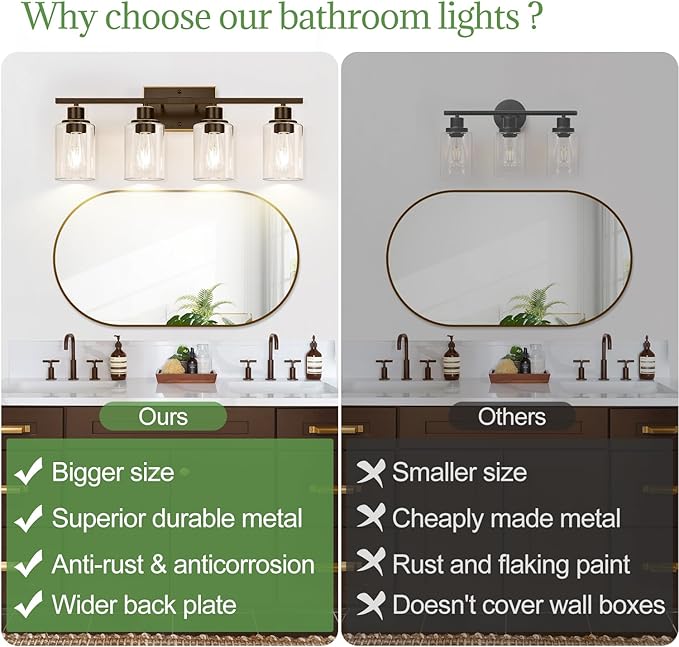 4 Light Bathroom Light Fixtures, Oil-Rubbed Bronze Modern Vanity Lights with Clear Glass Shades, Bathroom Wall Lamp for Mirror Living Room Cabinet