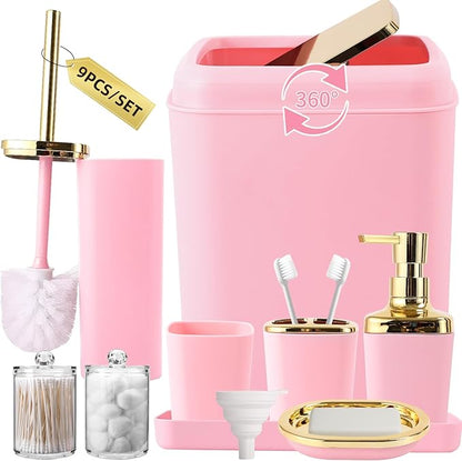 Pink Bathroom Accessories Set, Pink and Gold Bathroom Accessories with Trash Can, Soap Dispenser, Soap Dish, Toothbrush Holder and Q-tip Holders