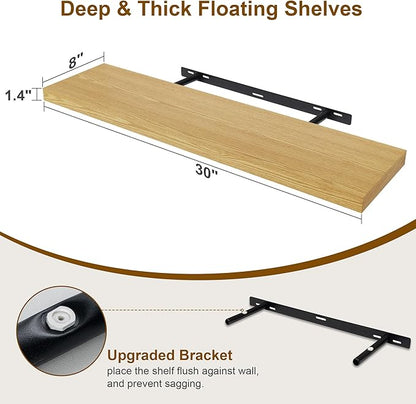 30 Inch Floating Shelves, Rustic Floating Wall Shelves 8 Inch Deep, 30 x 8 Floating Shelves for Home Decor, Deep Display & Storage Shelves for Kitchen, Bathroom, Living Room, Oak Color, Set of 2
