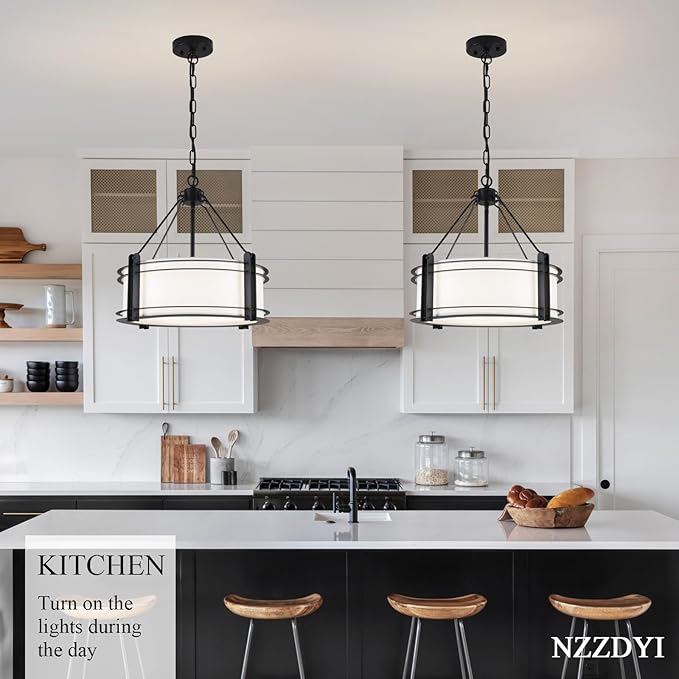 16.3''Black Drum Chandelier 3-Light Modern Farmhouse Chandelier with White Fabric Shade Adjustable Drum Pendant Light Fixture for Dining Room Kitchen Island Hallway Living Bedroom
