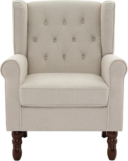 UIXE High Back Accent Chairs Set of 2, Upholstered Armchair in Fabric for Living Room, Retro Wingback Arm Chair Comfy Single Sofa Bedroom Reading Seat with Solid Wood Legs - Beige