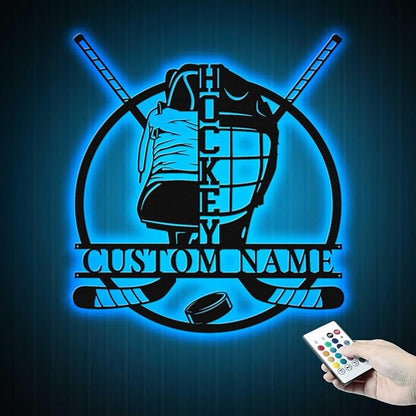 Personalized Ice Hockey Neon Sign - Custom Name Wall Light with Helmet and Crossed Sticks, 16-Color LED with Remote Control, Hockey Decor for Boys, Man Cave, Game Room, Gift for Players, Fans