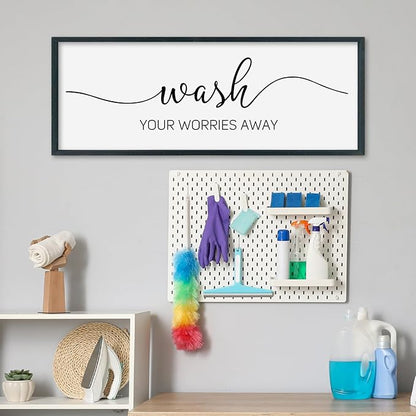 SRSZHIYUE Wash Your Worries Away Bathroom Sign Wall Art 32"×12" Funny Restroom Toilet Large Wood Framed Hanging Decor (Black)