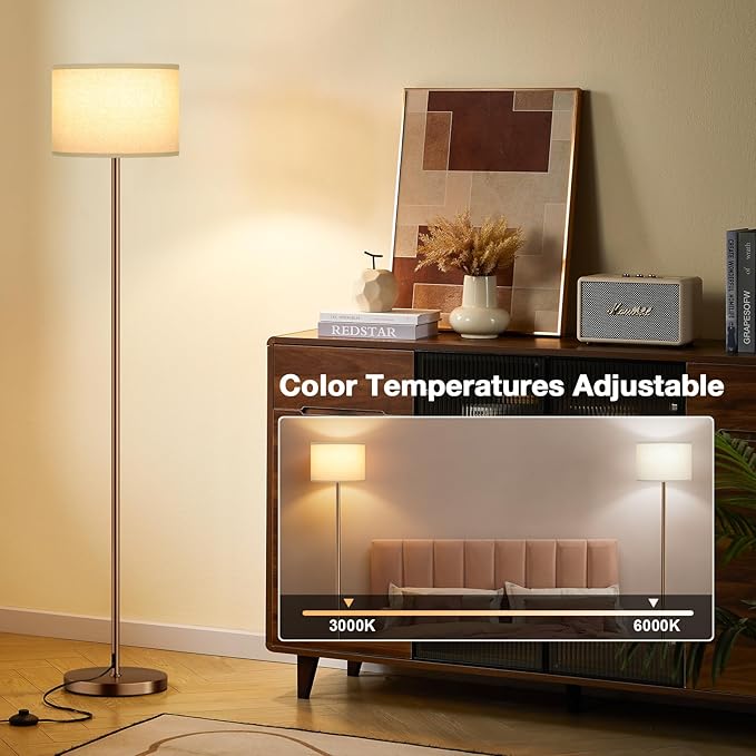 Ambimall Floor Lamps for Living Room with Remote Control and Stepless Dimmable Colors Temperature & Brightness, 9W Bulb Included(Beige Lampshade & Brown Pole)
