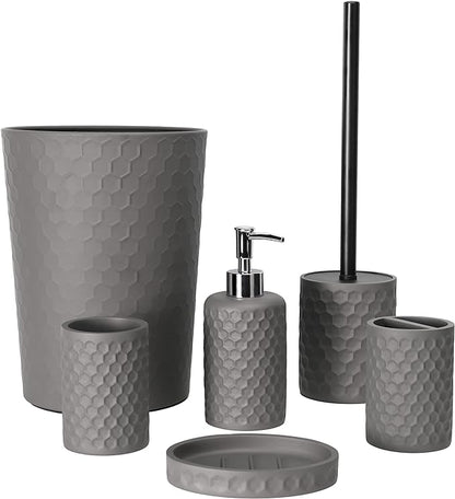 zccz Bathroom Accessory Set, 6 Piece Grey Bathroom Accessories Set with Trash Can, Toothbrush Holder, Toothbrush Cup, Soap Dispenser, Soap Dish, Toilet Brush with Holder, Trash Can, Light Gray