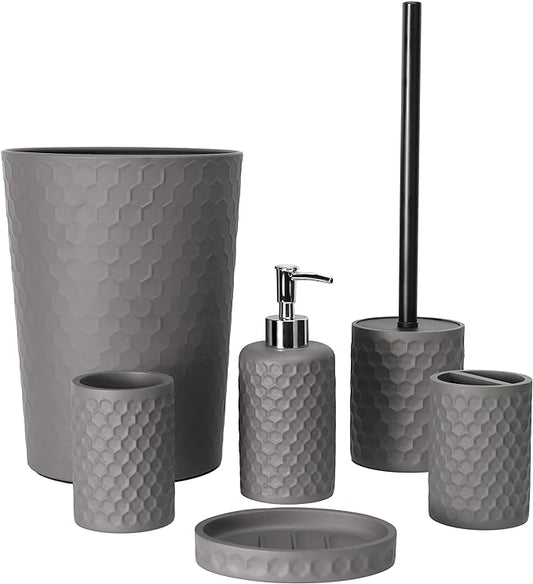 zccz Bathroom Accessory Set, 6 Piece Grey Bathroom Accessories Set with Trash Can, Toothbrush Holder, Toothbrush Cup, Soap Dispenser, Soap Dish, Toilet Brush with Holder, Trash Can, Light Gray
