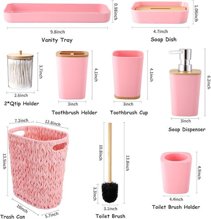 Bathroom Accessories Set with Wicker Trash Can, Pink Bathroom Accessories Pink Bathroom Sets Small Waste Basket Bathroom Trash Can for Bedroom Bathroom