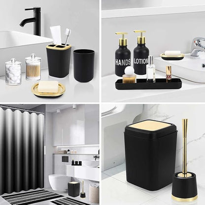 25PCS Black Bathroom Accessories Sets Complete, with Shower Curtain, Rugs, Trash Can and Toilet Brush, Soap Dispenser, Toothbrush Holder and Cup, Soap Dish, Qtip Holder, Bathroom Decor Sets