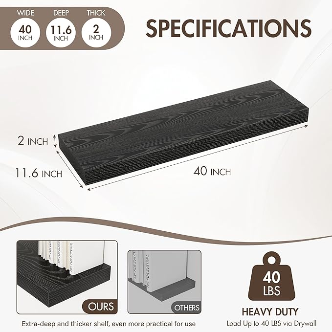 40 Inch Floating Shelves, 12" Deep Floating Shelf Wall Mounted, 40" Wall Shelves, Rustic Deep Bookshelf, Extra Deeper & Thicker Display Shelves for Bedroom, Living Room, Black, Set of 2