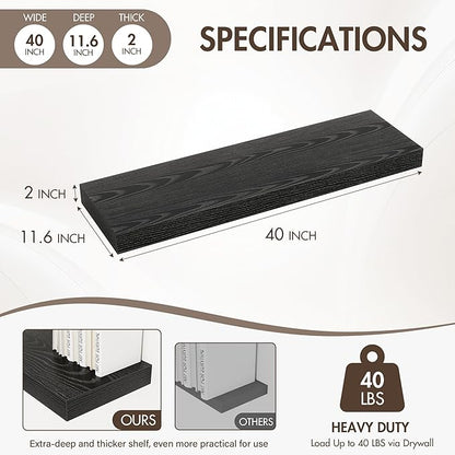 40 Inch Floating Shelves, 12" Deep Floating Shelf Wall Mounted, 40" Wall Shelves, Rustic Deep Bookshelf, Extra Deeper & Thicker Display Shelves for Bedroom, Living Room, Black, Set of 2